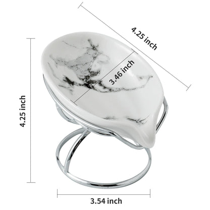 Dobbyby Leaf-Shaped Soap Dish – Premium Ceramic Soap Bar Holder with Self-Drainage System – Bar Soap Holder for Shower, Bathroom Sink, Kitchen – Waterfall Soap Dish with Stainless Steel Stand (SLIVER)