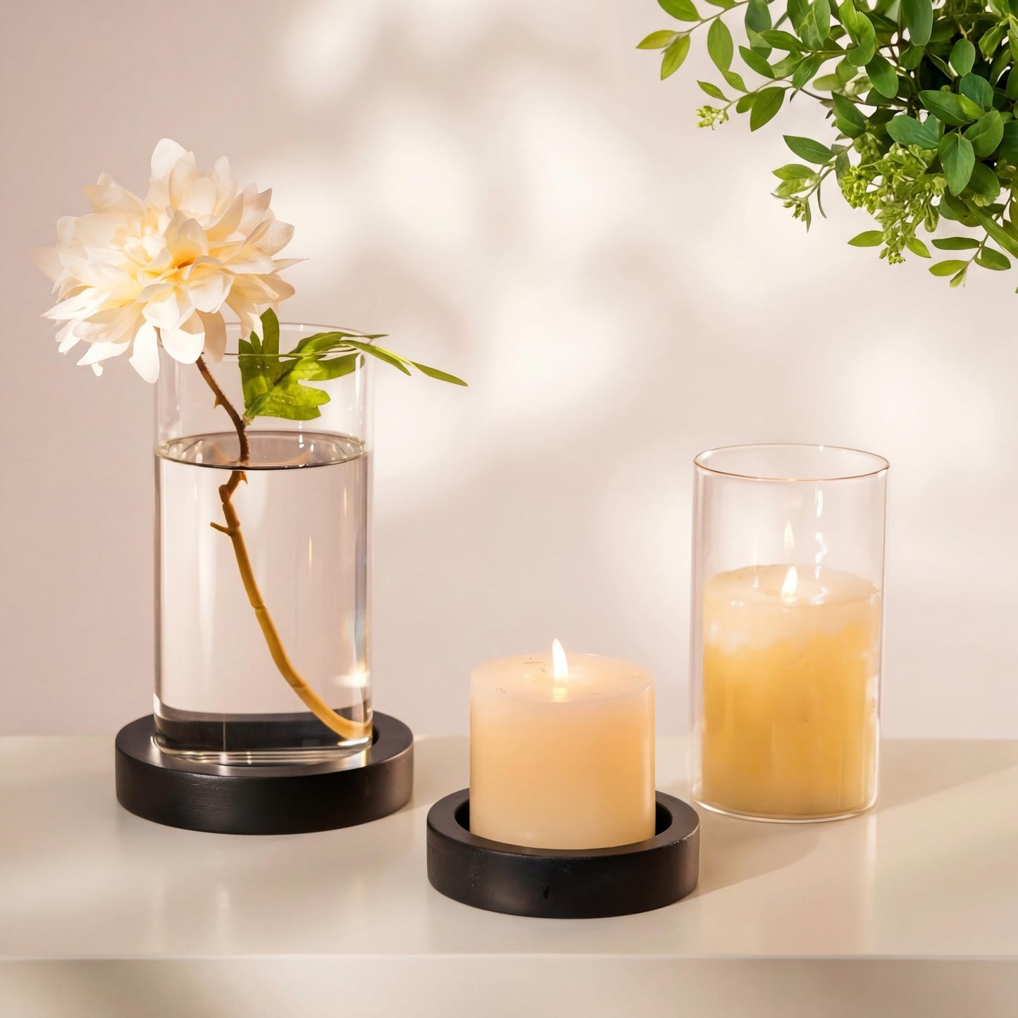 NUPTIO Wooden Candle Holders Pillar: Black Candle Tray with Round Hurricane Glass Vase - Set of 2 Cylinder Floating Candleholder for Home Halloween Thanksgiving Seasonal Decor