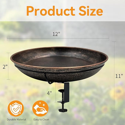 Deck Mounted Bird Bath, Easy to Clean12 Detachable Bath Bowl, Metal Birdbath for Outside with Sturdy Adjustable Clamp for Railing Balcony Fence Outdoor Decor 0.7 Gallon