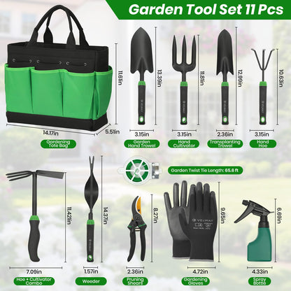 Velway Garden Tools Set -11-Piece Heavy Duty Hand Tool Kit with Ergonomic Handles, Rust-Proof, Carry Tote Bag – Gardening Gifts for Women & Men (Green)