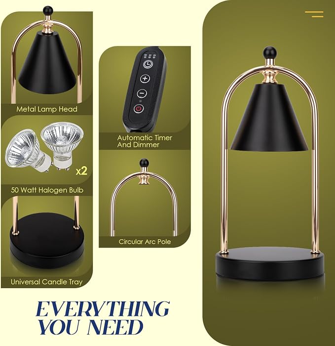 Candle Warmer Lamp with Timer, Electric Black Light for Bedroom, Dimmer Wax Melts Warmer for Candle Jars, Beside Lamp Gifts for Women Home Decor (2 Bulbs Included)