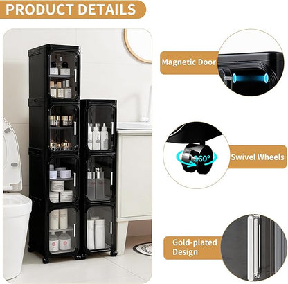 4-Tier Tall Narrow Slim Bathroom Storage Cabinet, Black | Tool Free Assembly, Adjustable shelves, Fits for Narrow Spaces, Lockable Wheels, Magnetic Clear Door