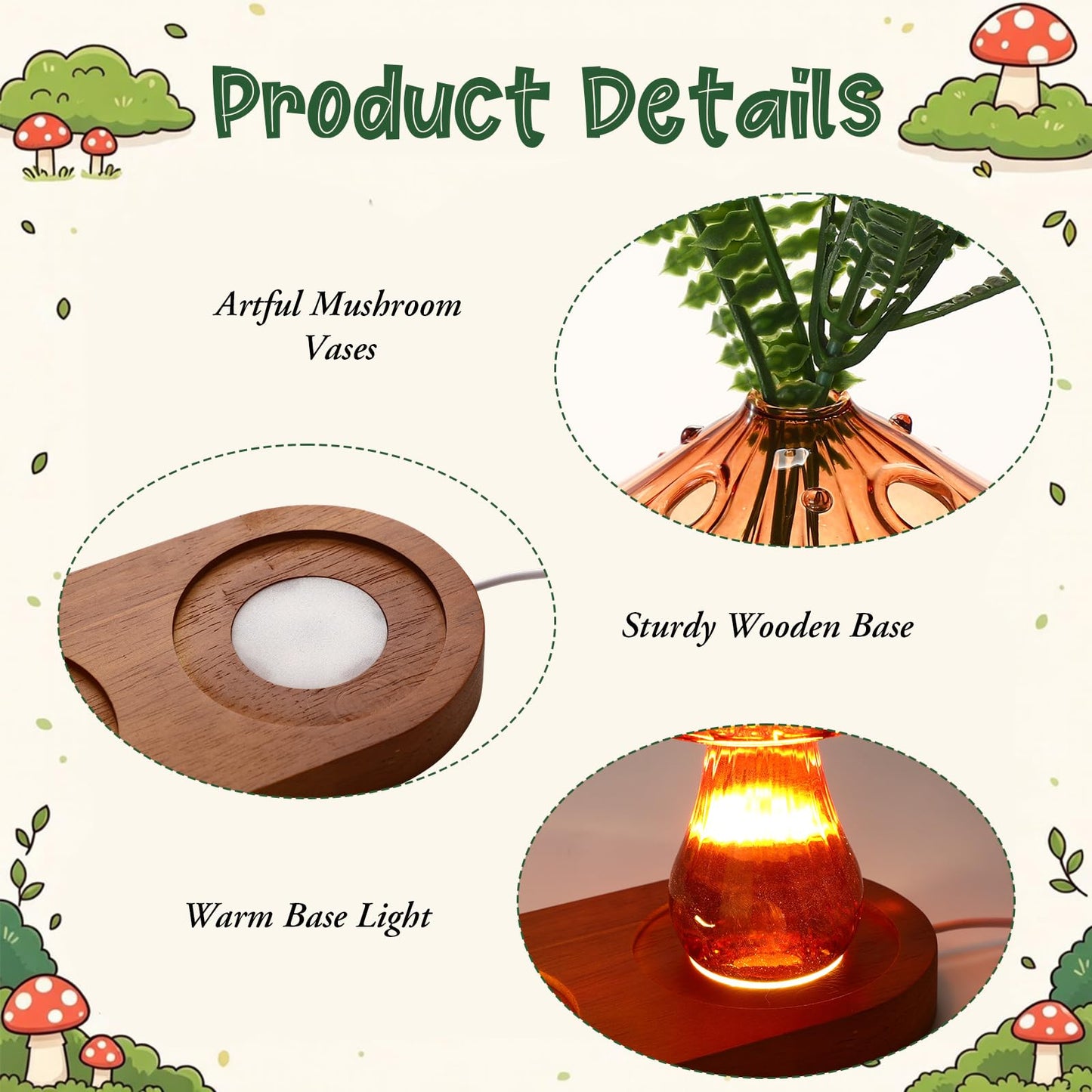 Yiyiring Set of 3 Glass Mushroom Vase Propagation Station with LED Light Wooden Stand, 4.7 x 3.5 Inches Glass Vases Hydroponic Planter for Indoor Plants, Gifts for Women, Room Decor