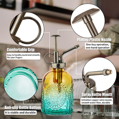 35 oz/1000 ml Metal Indoor Small Watering Can with Long Spout for House Plants Decorative, 12 oz/360 ml Glass Plant Mister Spray Bottle for Bonsai Garden Flowers(Green)
