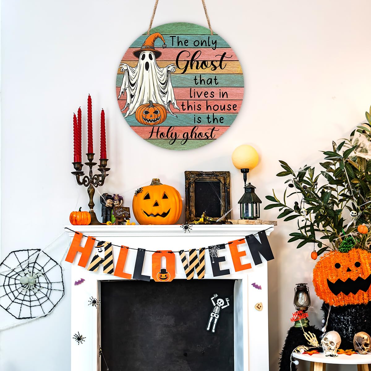 Halloween Holy Ghost Sign, Spooky Wooden Front Door Hanger Decorations, Welcome Signs Hanging Wall Decor for Porch Farmhouse Indoor, Halloween Party Supplies-09