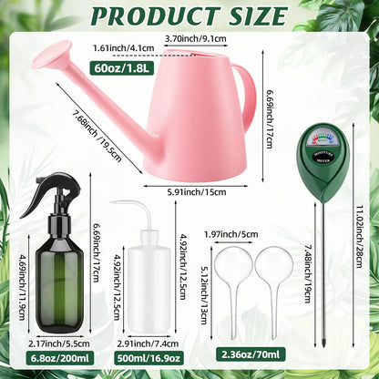 Reallnaive 6 Pcs Indoor Watering Can Set 1/2 Gallon Can 6.8 oz Spray Bottle 17 oz Squeeze Bottle Plant Watering Globes Soil Moisture Meter Small Spraying Set for Indoor Outdoor Plants(Pink)