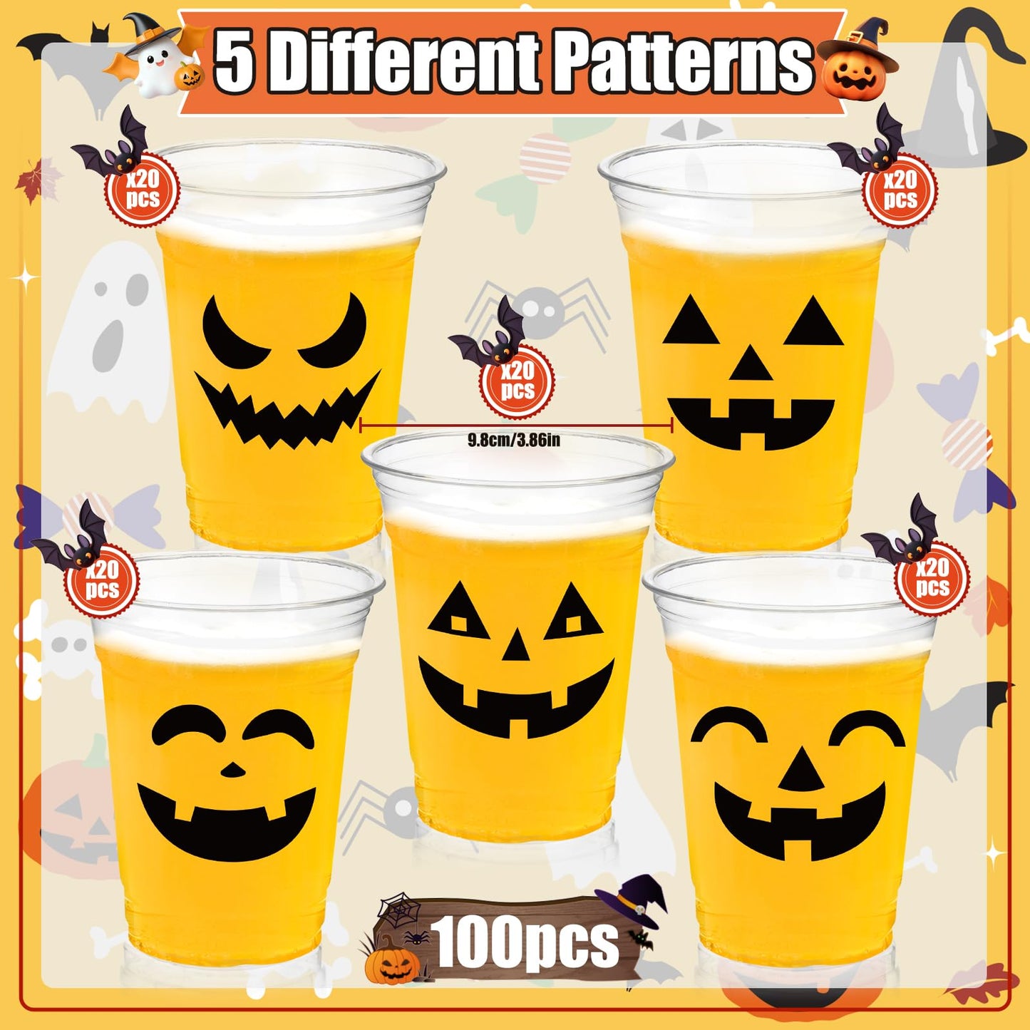 CUPLOOV 100 Pack Halloween Plastic Cups Clear 12Oz Disposable Pumpkin Cups With 5 Styles Patterns for Kids Adults Party Favors, Coffee, Wine, Hot and Cold Drinks