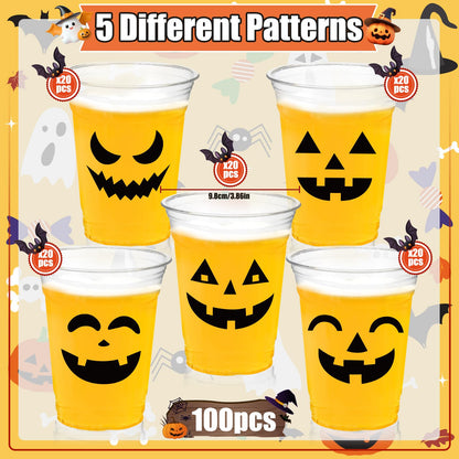 CUPLOOV 100 Pack Halloween Plastic Cups Clear 12Oz Disposable Pumpkin Cups With 5 Styles Patterns for Kids Adults Party Favors, Coffee, Wine, Hot and Cold Drinks