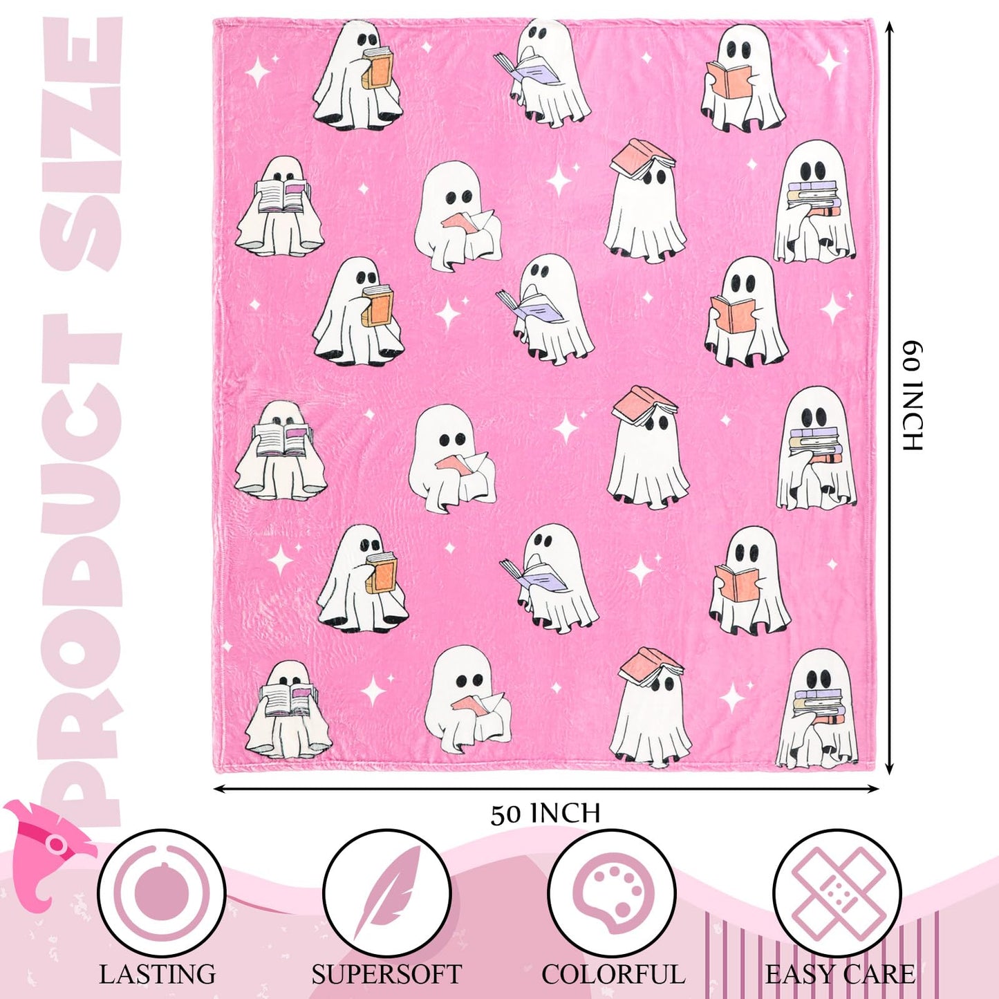 Hillsuren Ghost Reader Blanket for Girl Halloween 2025 New Pink Ghost Reading Book Throw Blankets 50 x 60 Inch Cute Boo Gift for Book Lover Sofa Bed Living Room Christmas Thanksgiving Gift Decoration