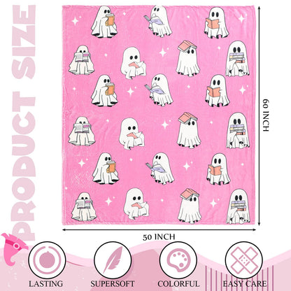 Hillsuren Ghost Reader Blanket for Girl Halloween 2025 New Pink Ghost Reading Book Throw Blankets 50 x 60 Inch Cute Boo Gift for Book Lover Sofa Bed Living Room Christmas Thanksgiving Gift Decoration