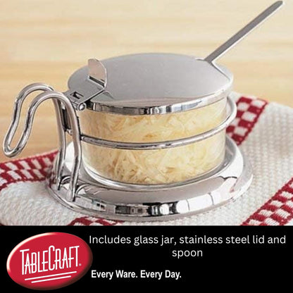 TableCraft 357 Condiment Jar Set with Spoon, 6 oz Clear Glass Jar with 18-8 Stainless Steel Lid, Spoon and Holder, Polished Tabletop Dispenser for Home or Restaurant Use