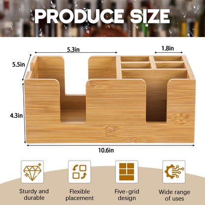 Mifoci Wooden Bar Caddy with 6 Compartments, Bamboo Bar Caddy Napkin & Straw Holder Organizer Cocktail Napkin Holder Condiments for Home Office Kitchen Countertop (Natural, 10.6 L x 5.5 W)