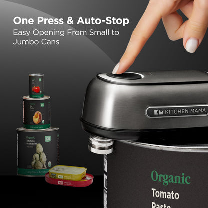 Kitchen Mama Orbit One Stainless Steel Rechargeable Electric Can Opener: Hands-free, USB-C Charging, Automatic Stop, Smooth Edge, Safety, Blade for Large Cans, Heavy Duty, Soda Can and Pop Can