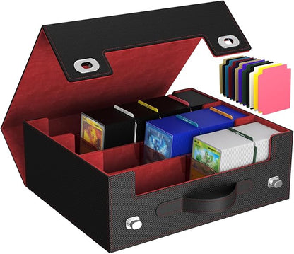 Lifewit Trading Card Storage Box with Handle, Holds Up to 1800 Sleeved Cards with 12 Adujstable Dividers & 4 Stoppers, Aluminum Closure PU Leather Case for MTG, PTCG, YGO, Sports Cards, Black& Red