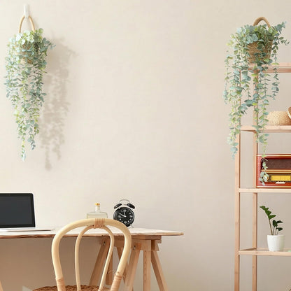 HOFMEFY Fake Hanging Plant Decor Indoor, Eucalyptus Artificial Faux Plants in Wall Woven Planters, Jute Hanger with Black Pot Soft Green 1PCS 23Inch Long
