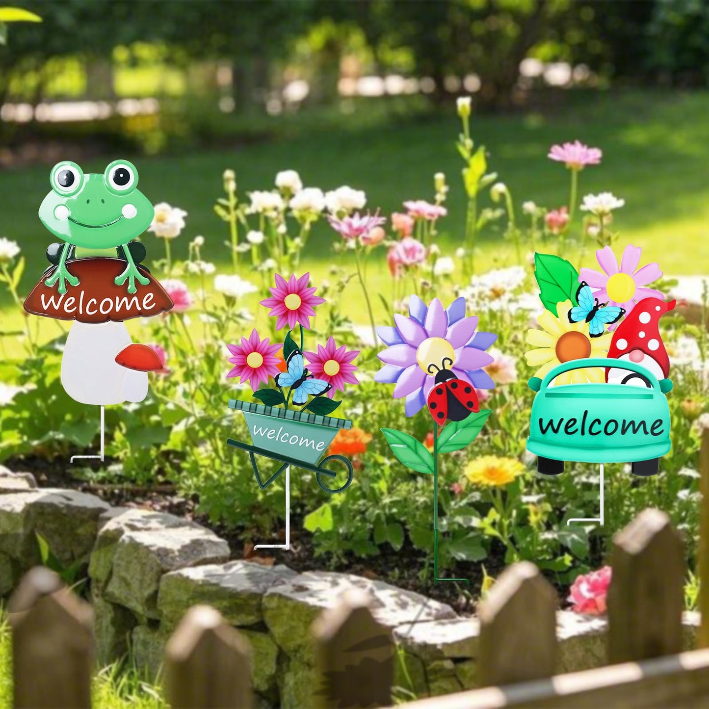 Welcome Decorative Garden Stakes, 4Pcs Flower Metal Yard Signs with Frog, Mushroom, Gnome, Butterfly and Ladybug, Garden Stakes for Spring Decor,Outdoor Lawn Yard Art Gift for Mom