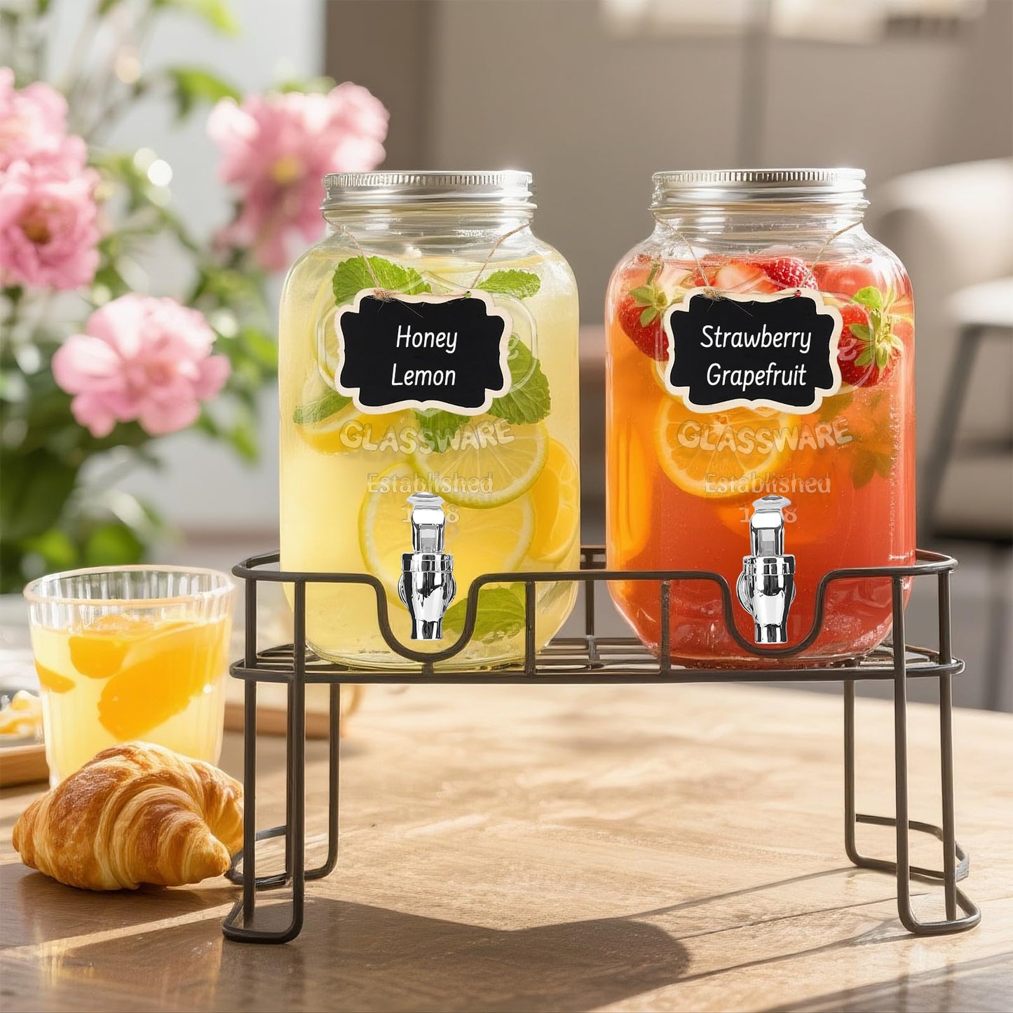 DHSBTLS 1 Gallon Glass Drink Dispensers, 2 Pack Clear Beverage Dispenser for Party, BBQ and Picnic, Juice Dispenser with Ice Core, Black Stand, Spigot, Markers and Chalkboard