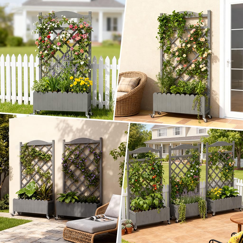 COMHOMA 2 Pack Planter Box with Trellis and Wheels, 48In Elevated Raised Garden Bed, Drainage Holes, Outdoor Lattice for Climbing Flowers, Vegetables, Patio Balcony, Gray