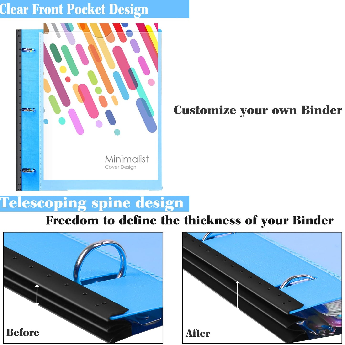 INFUN 1 Inch 3-Ring Telescoping Project Organizer Binder,13 Pocket, Customizable Front Cover, 5 Colors Pocket Divider and Plastic Binder Pocket，225 Sheet Capacity-Blue