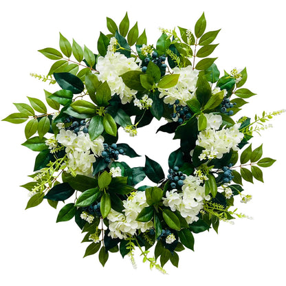 Svndlyn 22 Inch Lighted Hydrangea Wreath with Timer for All Season 20 Lights Steady & Flashing Modes Artificial Hydrangea Flower Blueberry and Eucalyptus Leaves for Outdoor Front Door Wall Window