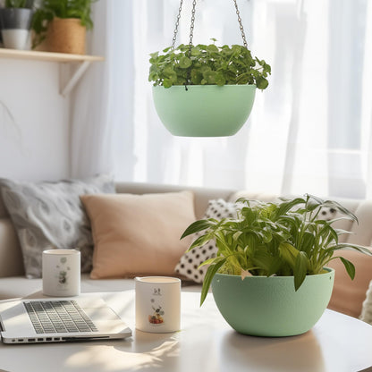 T4U 8 Inch Hanging Planter for Indoor Plants, 2 Pack Small Pots with Drainage Holes, Flower Basket Plant Holder for Home, Green