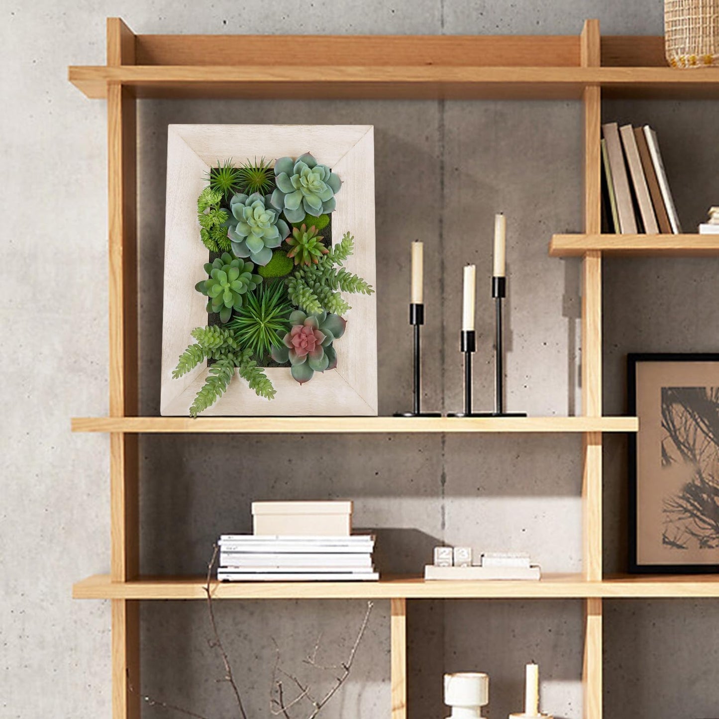 GnFlus Hanging Wall Artificial Plants Decor Fake Succulent Arrangement with Moss and Rectangle Wooden White Frames Faux Plants Hanging Boho Decor for Farmhouse Living Room Bedroom Home Indoor