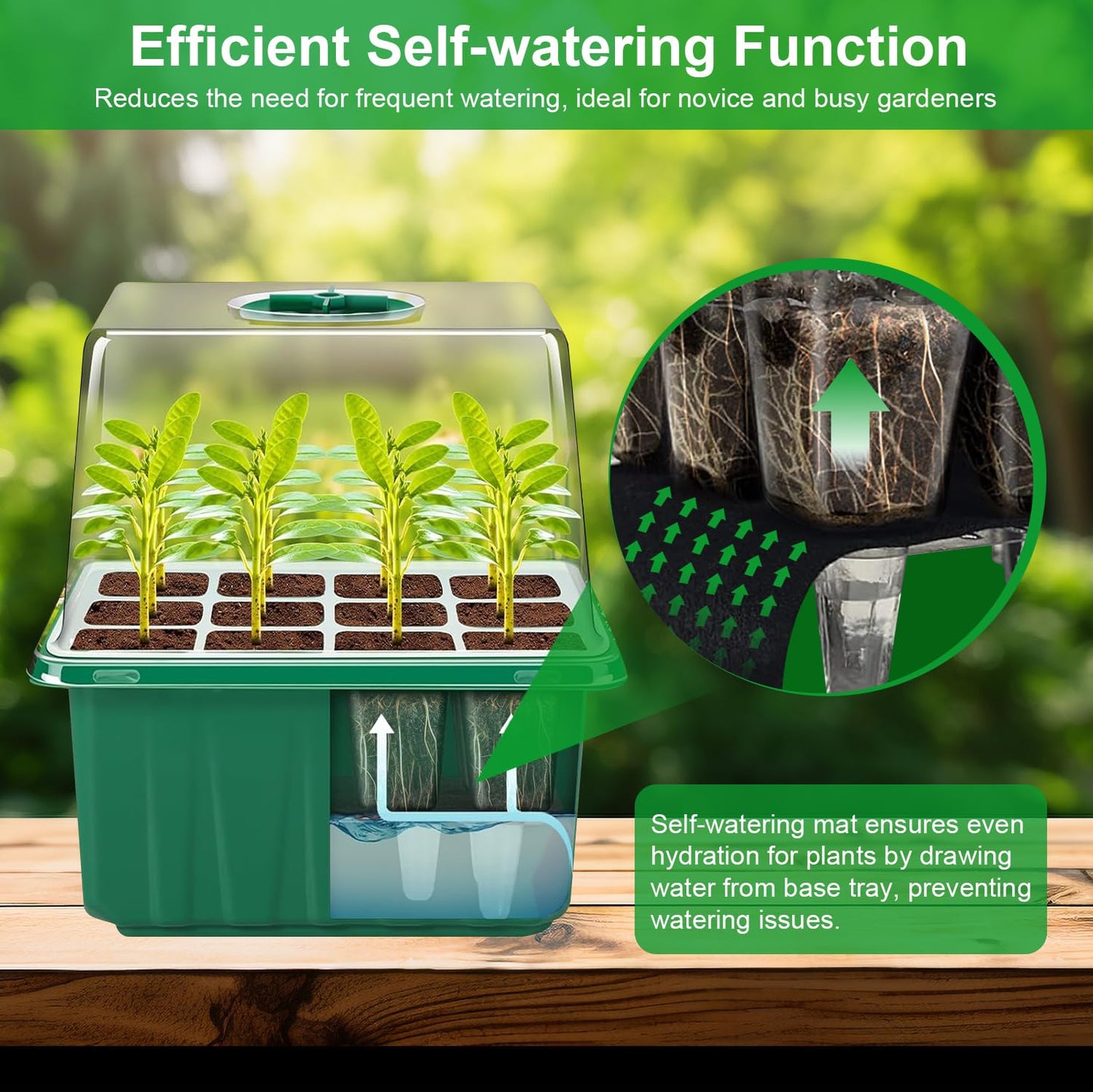 YAUNGEL Self-Watering Seed Starter Trays with Grow Light, 6-Pack 72-Cell Seed Starter Kit with Timing Controller Adjustable Brightness, Thicken Seed Starter Kit Humidity Dome Heightened Lids, Green