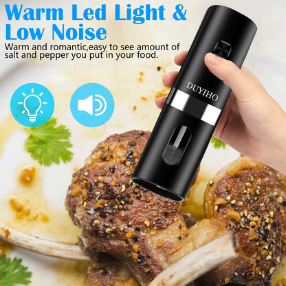 Rechargeable Electric Salt and Pepper Grinder Set with Double Charging Base, Support Battery Operated, Refillable Spice Automatic Mill Shakers Set with Adjustable Coarseness and LED Light