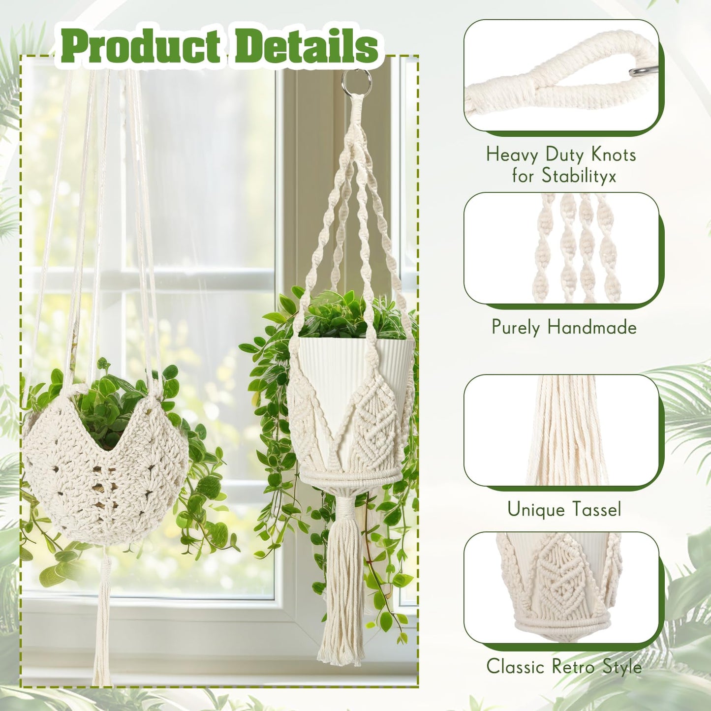Wovnet 4 Packs Macrame Plant Hangers Indoor Crochet Hanging Plant Holder with Tassels Hanging Planters for Indoor Boho Hanger with 4 S Shaped Hooks for Home Decor Window Flower Pot (White)