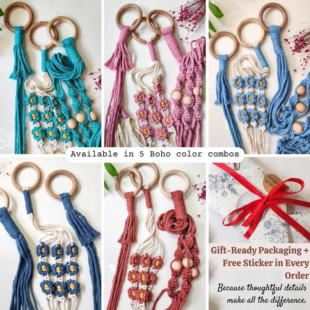 Set of 3 Macrame plant hangers with Daisies & Beads Hanging plant holder Macrame Plant hangers outdoor and indoor hanging planters Plant stand indoor Boho Decor hanging planter stand (Peacock Blue)