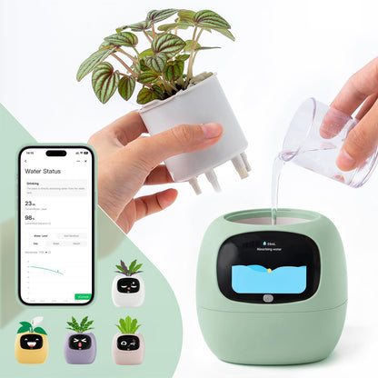 Smart Plant Pot with Visual Display – Soil Moisture, Water Level, Light & Battery Monitor, 80ml Self-Watering Reservoir, Supports 100+ Plants, Pomodoro Timer, Clock & Calendar-Green