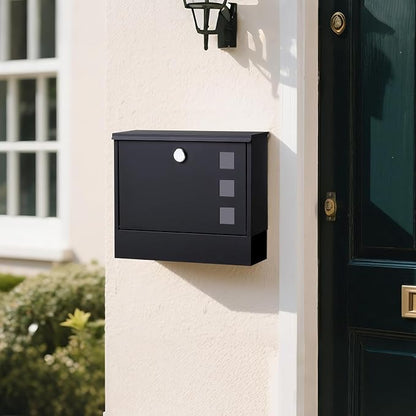 Locking Mailbox Wall Mount for Outside– Jssmst Mailboxes with Key Lock for Front Door Fence, Large Capacity Letter Box, 14.3 x 4.1 x 11.8 Inch, Black, SM-HPB911BN