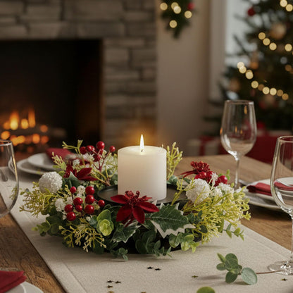 MOYEE Winter Christmas Candle Holder Centerpieces for Tables,Candle Ring, Black Metal Candlestick with an Artificial Wreath 14 in Versatile Dining Table Centrepiece (White Ball Wreath)