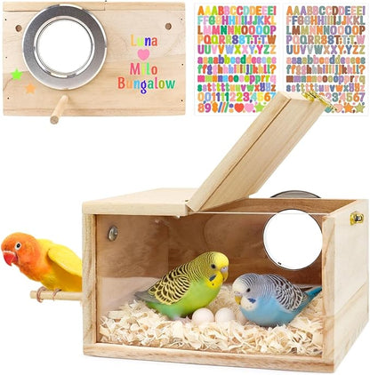 Parakeet Nesting Box with DIY Letter Sticker, Acrylic Transparent Panel & Perch, Natural Wood Breeding Box for Small Birds (Parakeets, Cockatiels, Lovebirds, Budgie), Easy to Install