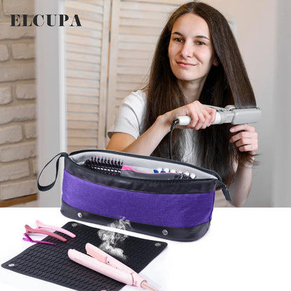 Large Hair Tools Travel Bag with Iron Mat - 2in1 Hair Tools Organizer for Hair Dryer Brush, Flat Irons, Straighteners, Curling Irons, Hair Bag, Makeup Bag, Cosmetic Bag for Travel Essentials