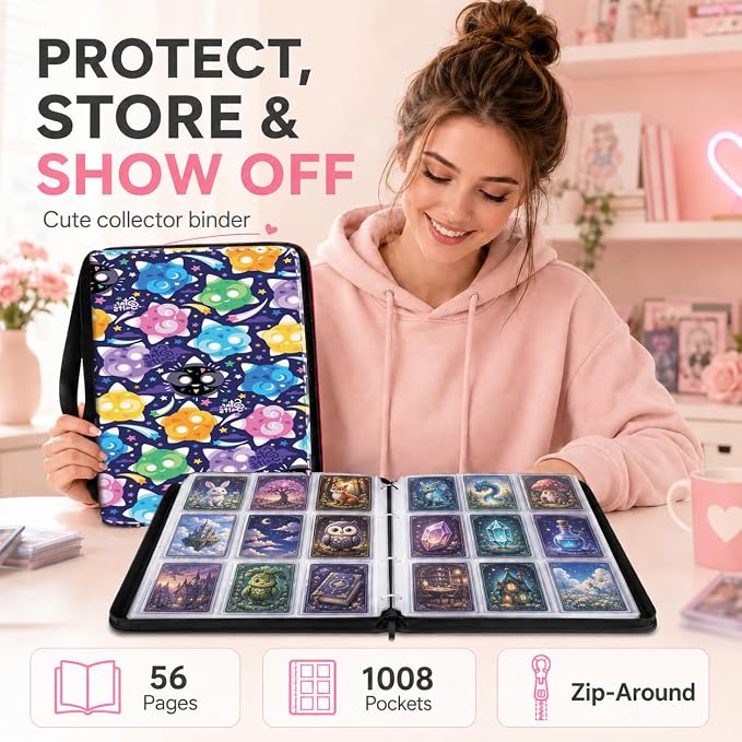 1008 Cute Card Binder 9 Pocket, 3-Ring Trading Card Binder with 56 Page Removable Sleeves, High Storage Waterproof Trading Card Holder Collection Card Album Organizer Case for TCG Cards - Cute