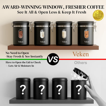 Veken Coffee Canister with Window,Airtight Stainless Steel Pantry Container,Kitchen Food Storage Organizers for Beans,Ground,Espresso,Rice,Tea,Sugar, Cereal, Bar Accessories,Gifts,Lids,Jars,22OZ,Black