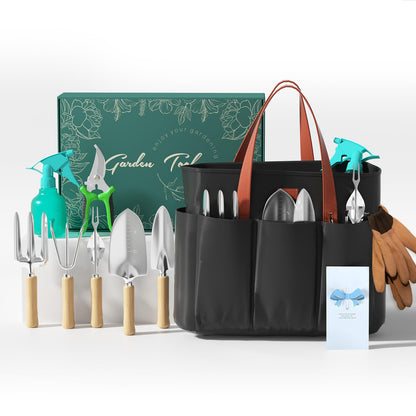 VerdantVibes 9-Piece Garden Tool Set - Heavy Duty Gardening Hand Tools with Ergonomic Non-Slip Grips, Rust-Resistant Shovel, Trowel, Rake, Pruner & Storage Bag - Ideal Gardening Gifts for Women