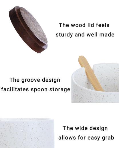 Omifun Ceramic Salt Cellar with Lid and Wooden Spoon, 8 Oz Speckled Salt Holder, Storage Canister for Sea Salt, Pepper, Spices, Herbs and Sugar
