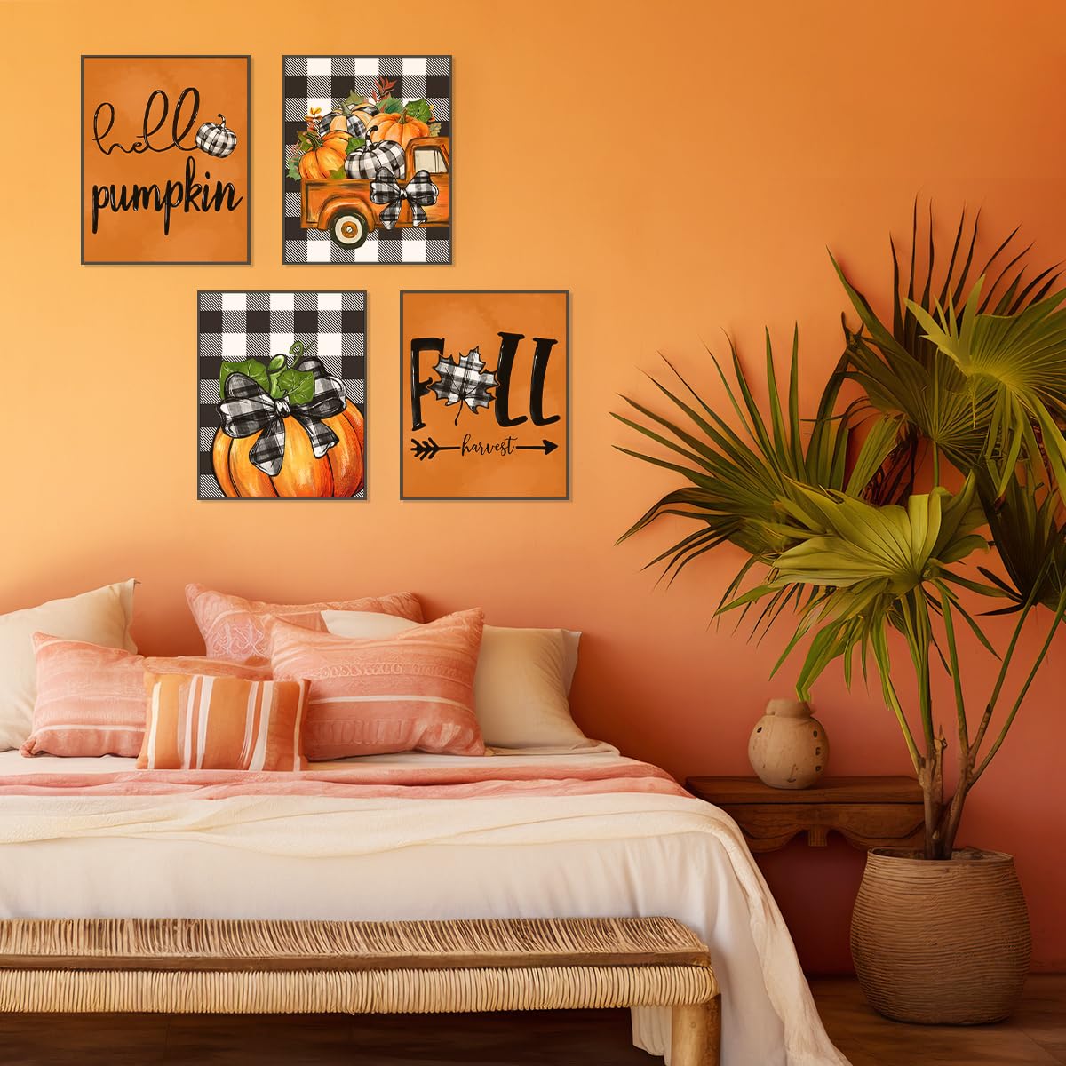 PLKMN Fall Wall Decor Set of 4, Thanksgiving Buffalo Check Pumpkin Truck Orange Decor, Fall Pictures Wall Art Prints 8x10 for Home Gallery Bedroom (Unframed)