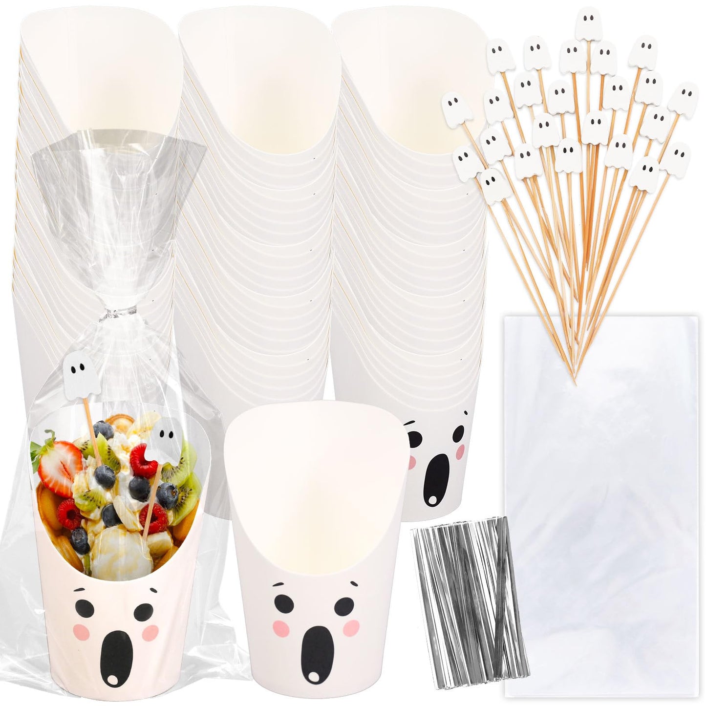 Whaline 500 Pcs Halloween Charcuterie Cup Sets 200 Cocktail Pick 100 Bags 100 Twist Ties 100Pcs 14Oz Cute Ghost Expression Disposable Appetizer Cup White French Fry Holder for Trick or Treat Supplies