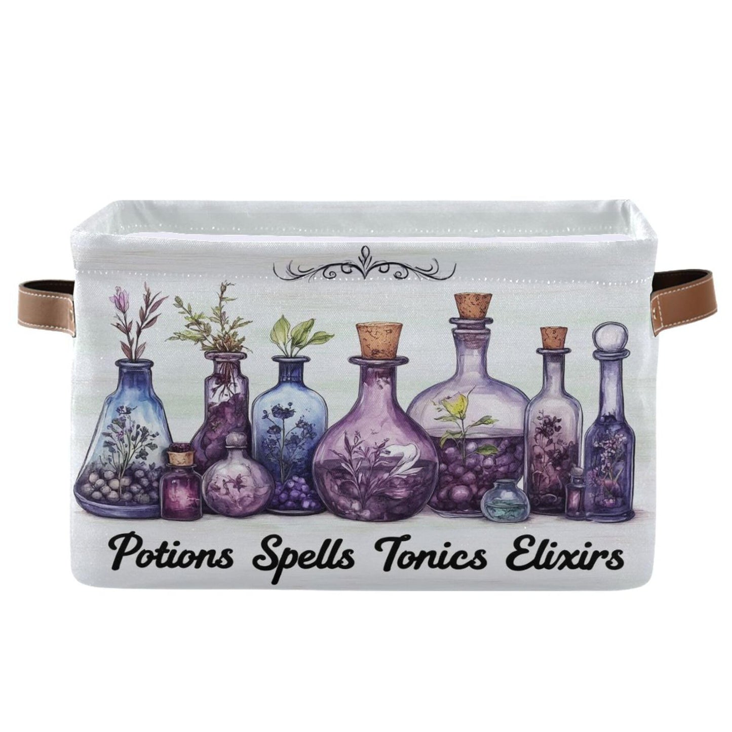 Halloween Witch Potions Storage Basket with Waterproof Liner and PU Handles Purple Herb Spooky Storage Bins Boxes 14.2" Collapsible Decorative Organizer Baskets for Bedroom Closet Office 1 Pack