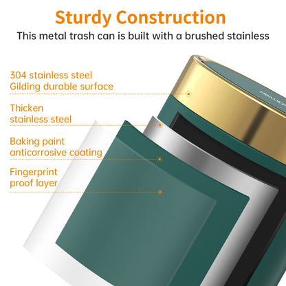 Mini Trash Can with Lid, Desktop Small Trash Can Recycling Bin Cute Metal Garbage Can for Tabletop Countertop Use,Stainless Steel 0.4 Gallon/1.5 Liter Waste Bin for Office Parlor Bedroom,Dark Green