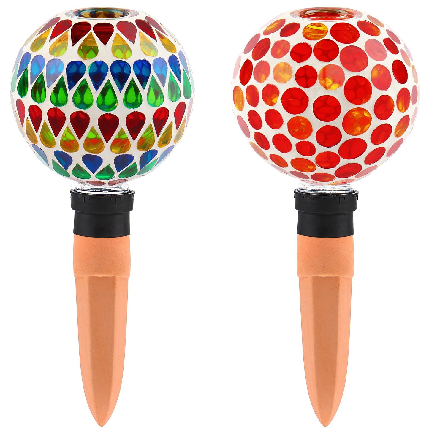 SAVENNA Mosaic Plant Watering Globes with Terracotta Spikes, 17oz Glass Self Watering Globes for Indoor & Outdoor Potted Plants, Decorative Water Drippers, Set of 2