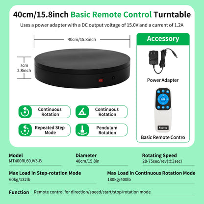 Foxvee Remote-Controlled Motorized Turntable,Electric Rotating Display Stand,Speed-Adjustable Rotating Platform,Multi-Mode 360° Photography Turntable for 3D Scan,Photography,Showcase(15.8inch/Black)
