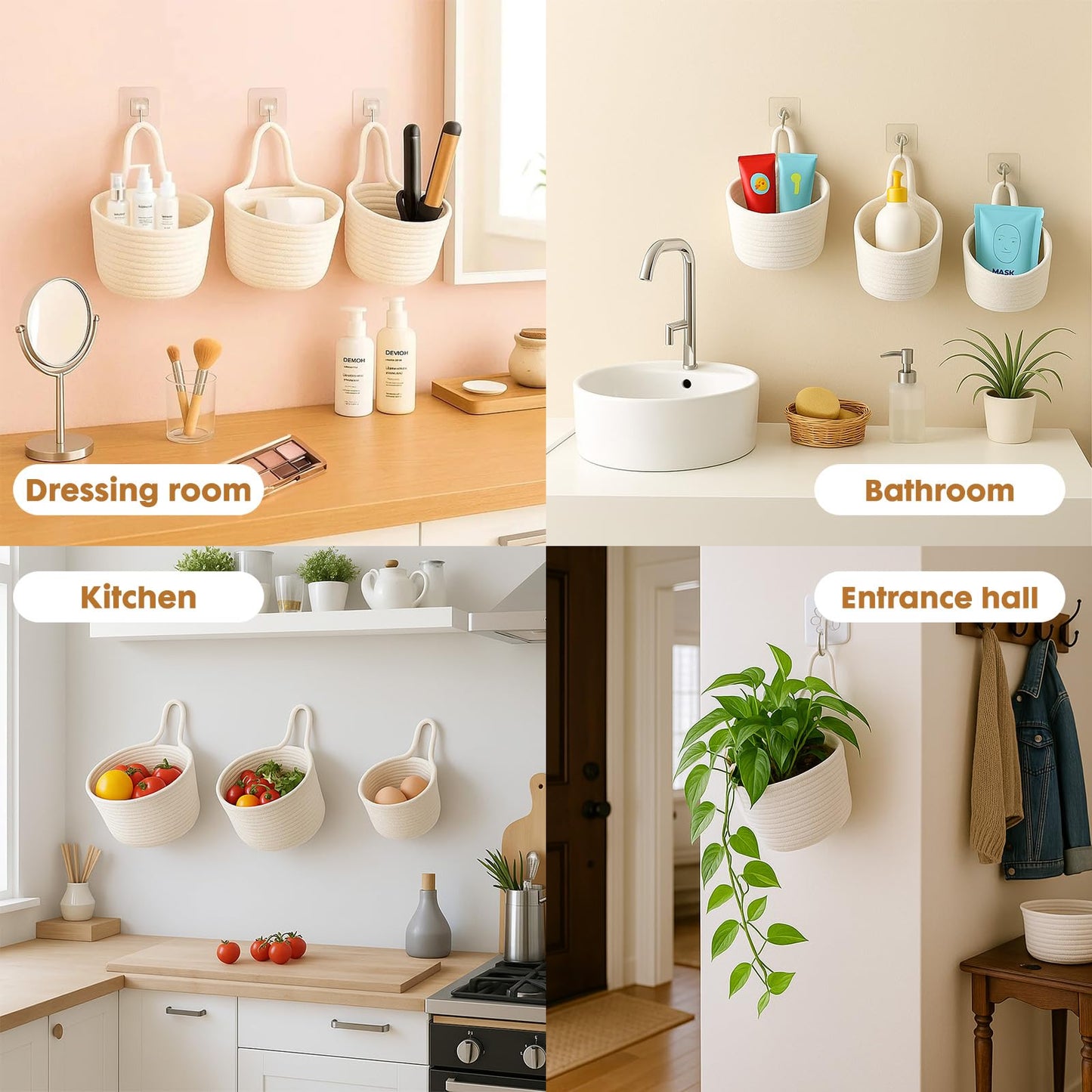 ShellKingdom Hanging Baskets, 3Pack Woven Wall Mounted Storage Basket with 3 Pcs Hooks, Boho Pouchs Bag Organizers for Home Office Living Room Bathroom Door Wall Decoration Caddy Bins (White)