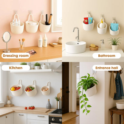 ShellKingdom Hanging Baskets, 3Pack Woven Wall Mounted Storage Basket with 3 Pcs Hooks, Boho Pouchs Bag Organizers for Home Office Living Room Bathroom Door Wall Decoration Caddy Bins (White)