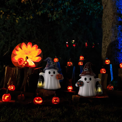 Suzile 2 Pack Halloween Outdoor Decoration 9.5 Inch Spooky Ghost Statues with Solar Lantern Light Pumpkin for Garden Halloween Figurine Cute Resin Ghost for Lawn Patio Party Indoor Home Decor Gift
