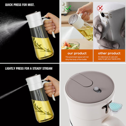 hoforife Glass Olive Oil Dispenser Bottle & Oil Sprayer Bottle 2 In 1 for Kitchen Cooking, Auto Flip Cap, 18oz White