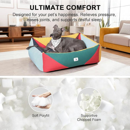 Cotton Canvas Dog Bed, Dog Beds Large Sized Dog, Orthopedic Bed with Washable Removable Cover, Durable 290 GSM Cotton Anti-chewing Pet Bed with Anti-Slip Bottom (38"x30"x12", Red&Yellow&Green)
